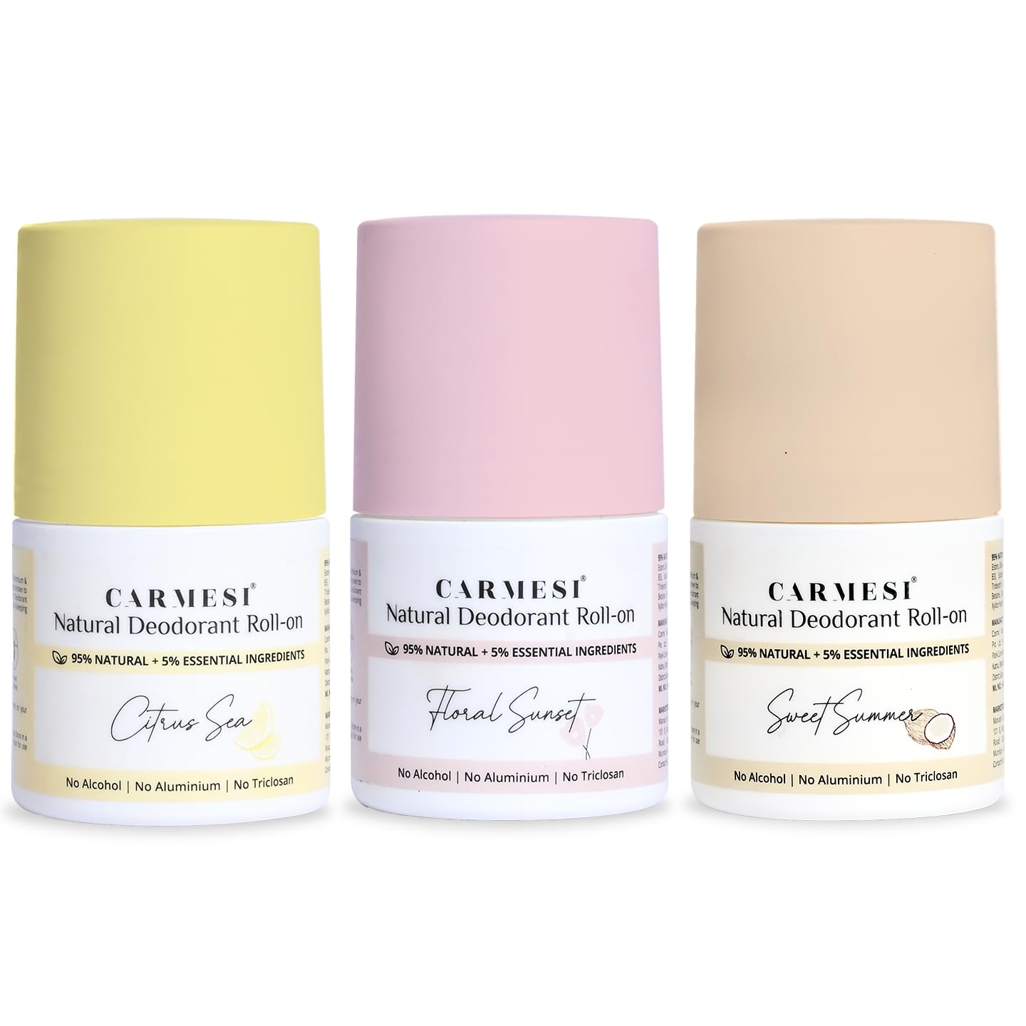 Carmesi Natural Underarm Roll On Deodorant Combo | 95% Natural + 5% Essential Ingredients | For Fresh Underarms All Day | No Alcohol & Aluminium | Citrus Sea, Sweet Summer, Floral Sunset (3 x 50 ml)-image-30