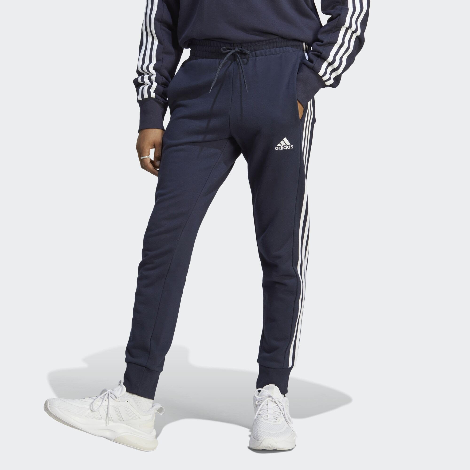 adidas Hombre Essentials French Terry Tapered Cuff 3-Stripes Pants, Legend Ink / White, XXL