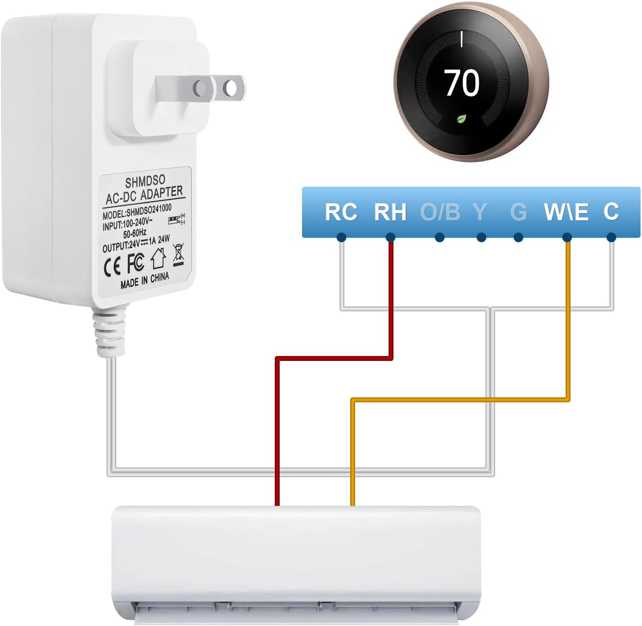 DC 24V Power Supply, 33 Feet Cable, Compatible with Arlo Nest, Eufy, Wyze, Ring Doorbell Transformers, and Google Nest, Honeywell, Emerson, Ecobee Thermostat Power Adapters