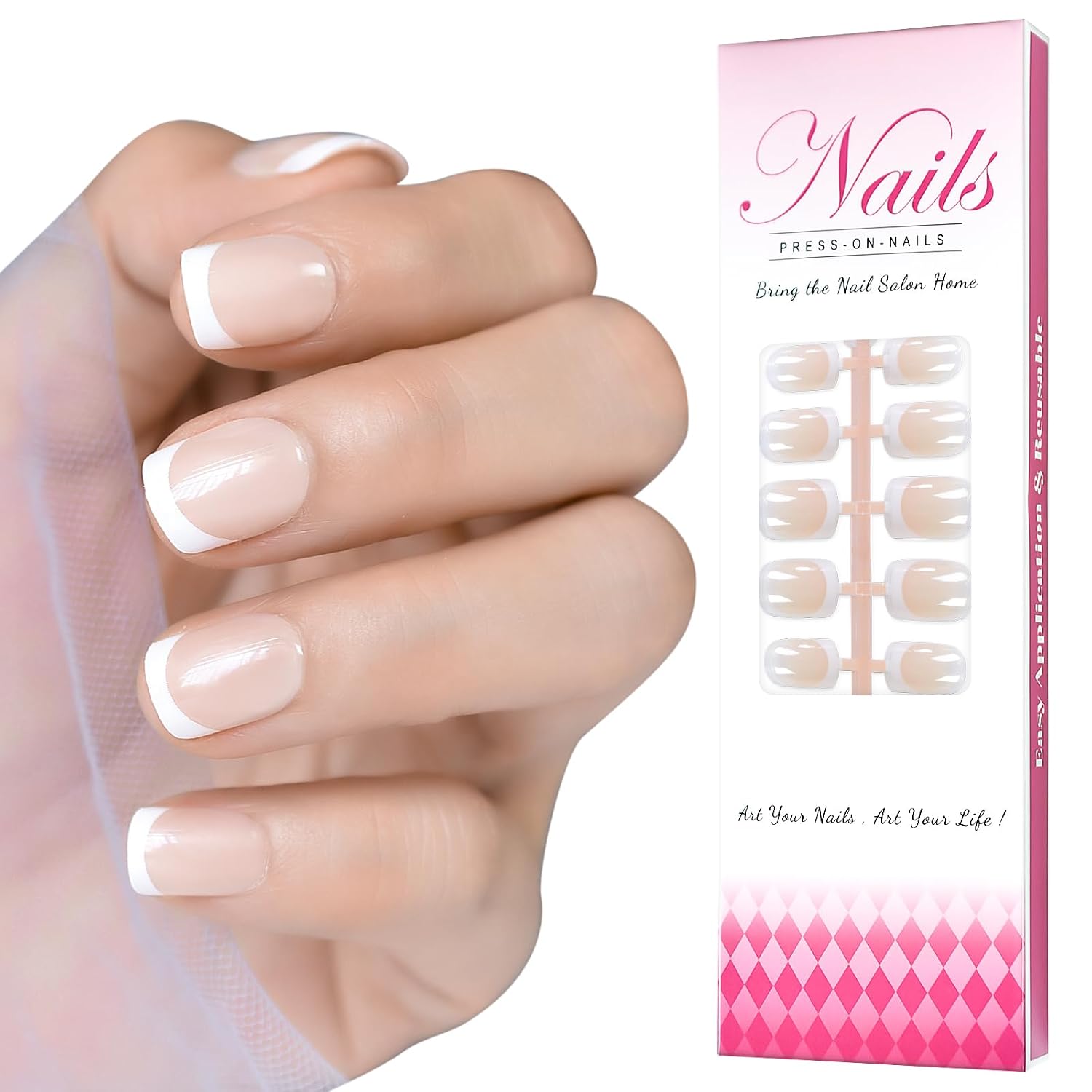 Elevenail 120pcs French Tips Press on Nails Natural Beige False Nails Full Cover Short Squoval Fake Nails Faux Ongles Daily DIY Nails Manicure Kits Nail Art Tips with 5 Sheets Adhesive Tabs