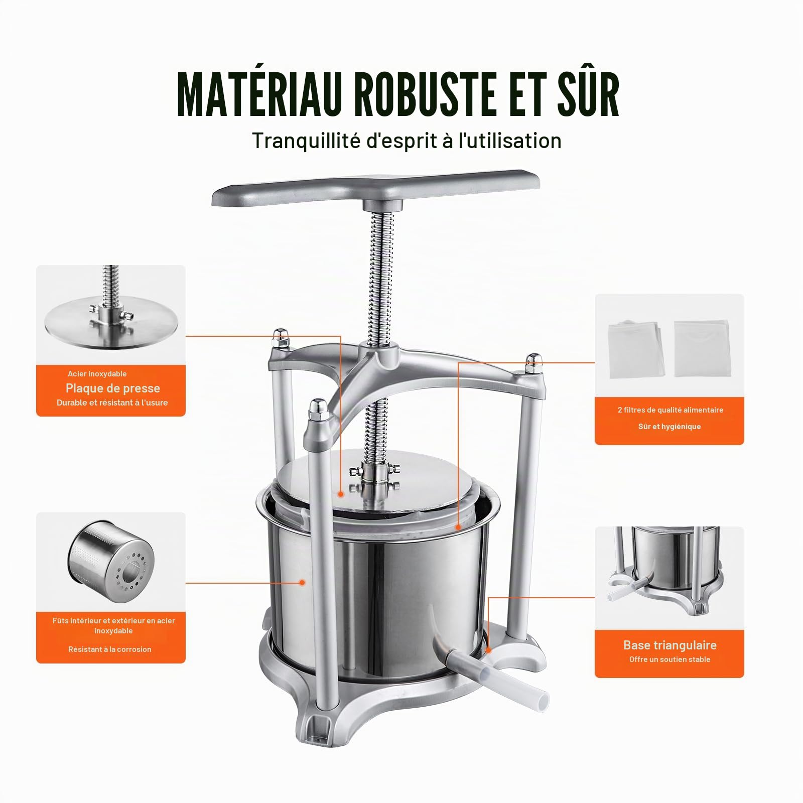 VEVOR Pressoir à Fruits Manuel 5 L Pressoir à Vin en Inox Base en Aluminium Presse-Fruits Manuel Baril Intérieur 18 x 15 cm Broyeur de Fruits Légumes pour Pressage de Vins Jus de Fruit Cidres Purées