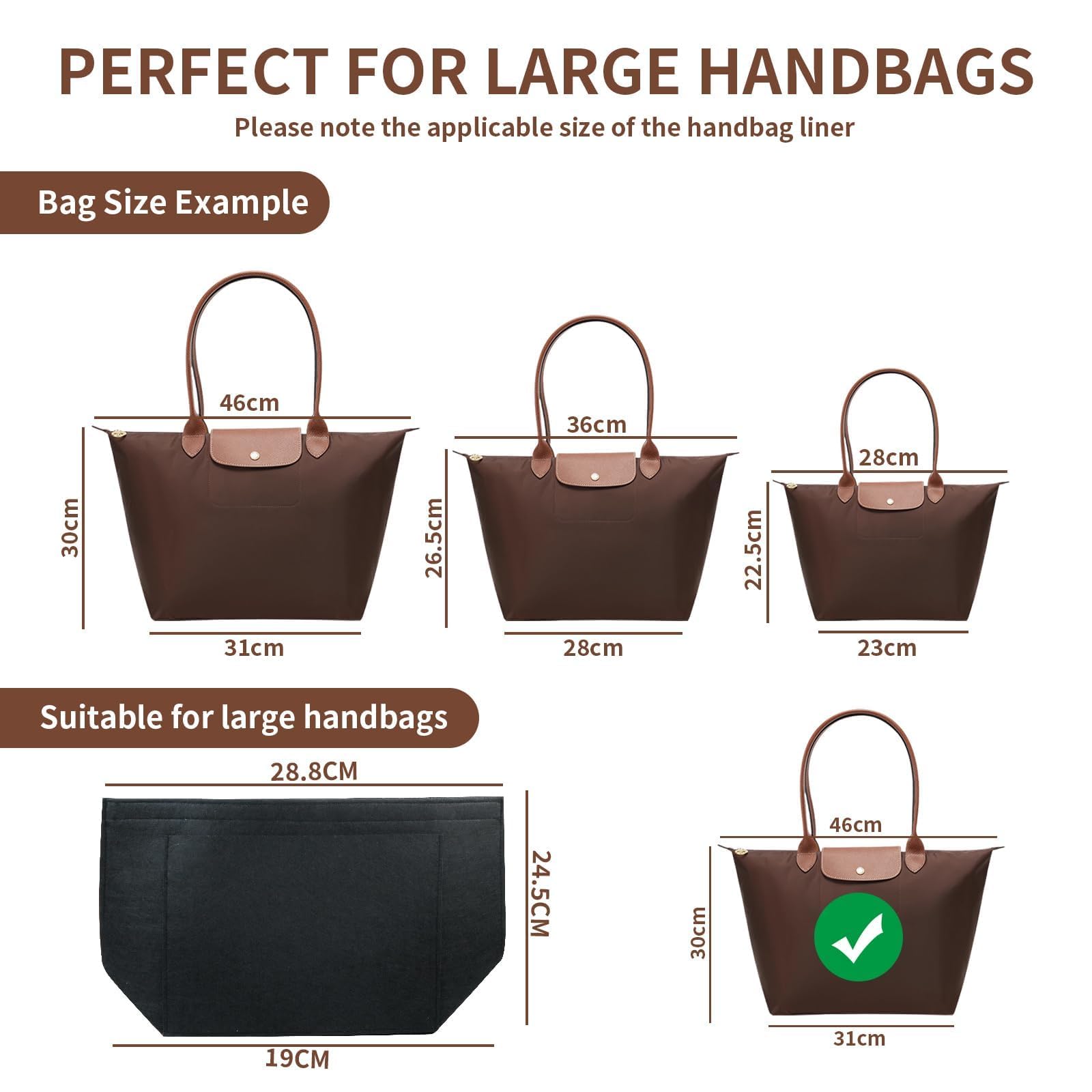 Organisateur de Longchamp Sac à Manches Longues, Organiseur de Sacs à Main Pour Femmes, Organiseur de sac à Main en Feutre, pour les Sacs à Main et de Transport (Noir, L)