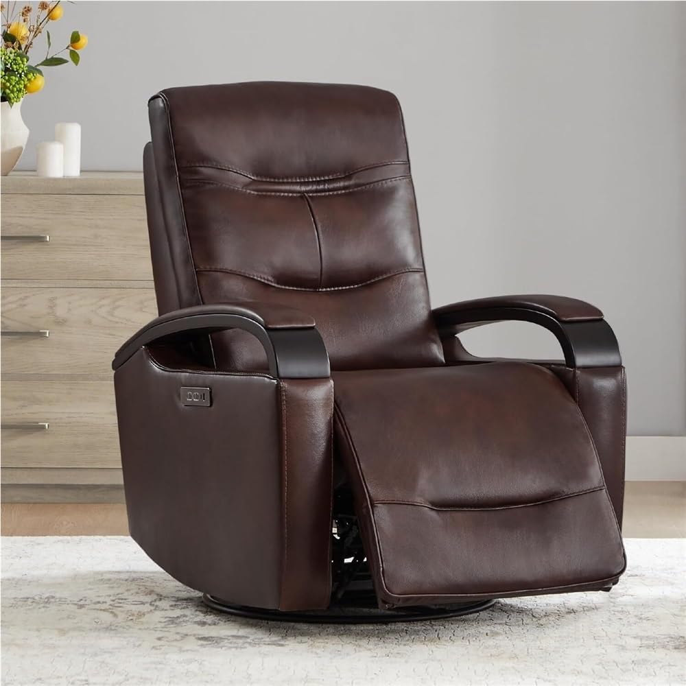 Electric Power Swivel Glider Recliner Chair with Wooden Armrests for Living Room Nursery - Large Leather Armchair with Power Headrest Double Layer Backrest USB Port