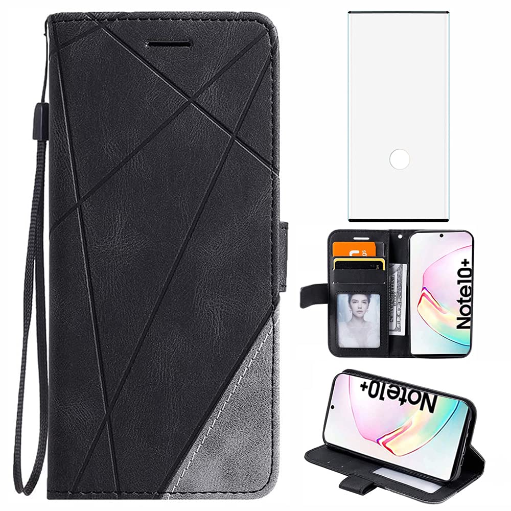 Compatible with Samsung Galaxy Note 10 Plus Glaxay Note10+ 5G Wallet Phone Case and Tempered Glass Screen Protector Flip Cover Card Holder Cell for Gaxaly Note10 + Notes 10+ Ten Not S10 10Plus Black