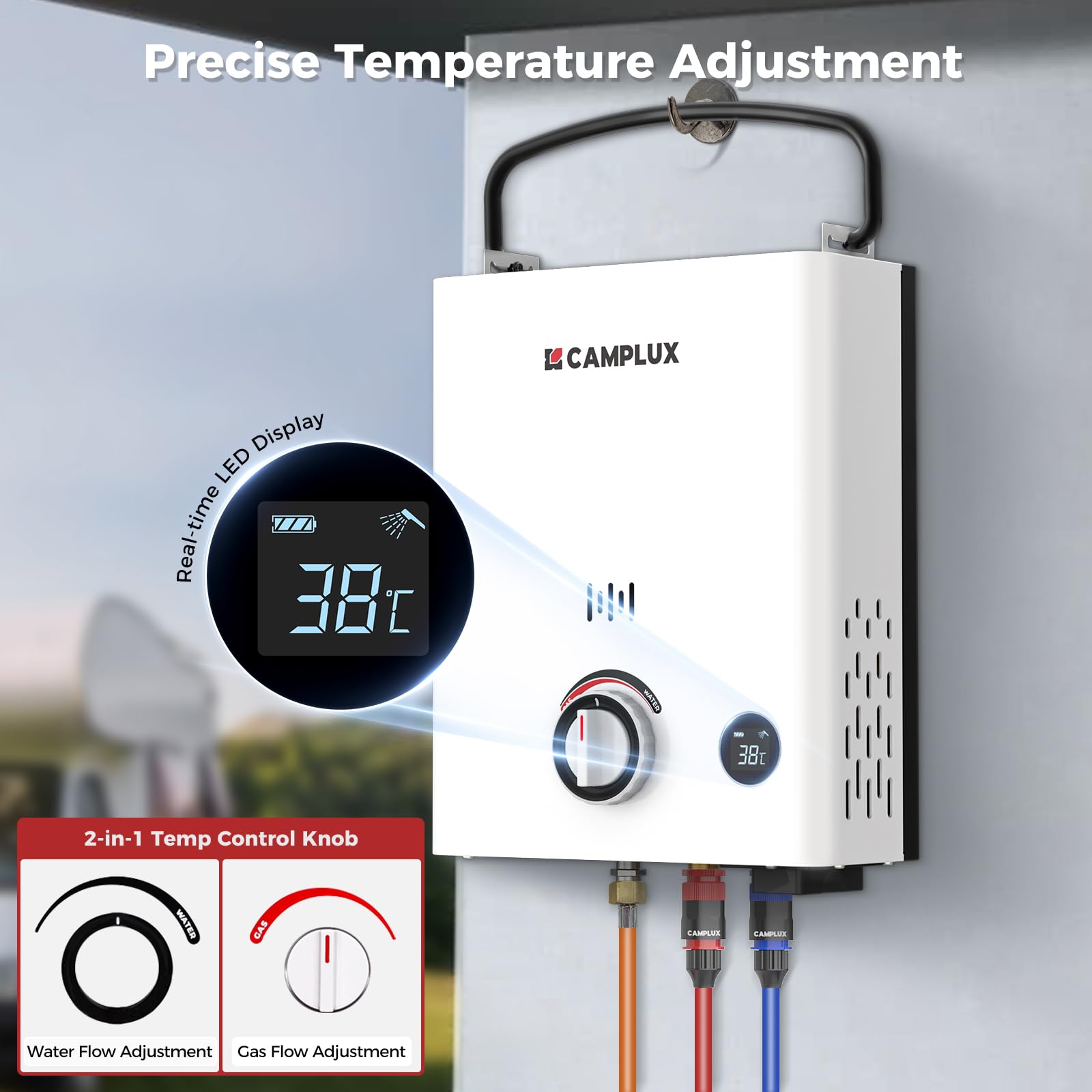 CAMPLUX First Chauffe-Eau à Gaz 5 Litres avec Poignée Réglable, pour Douche Extérieure/Camping/Caravaning, Butane (28-30 mbar)/ Propane (37 mbar), F5