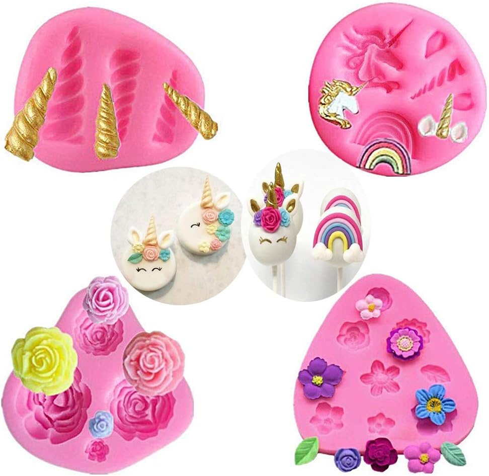 Mini Unicorn Silicone Mold, Unicorn Ears Horn Rainbow Flowers and Leaf, Cake Fondant Mold Set, Cupcake Toppers Fondant Chocolate Mold for Unicorn Theme Party and Kids Birthday (Set of 4)