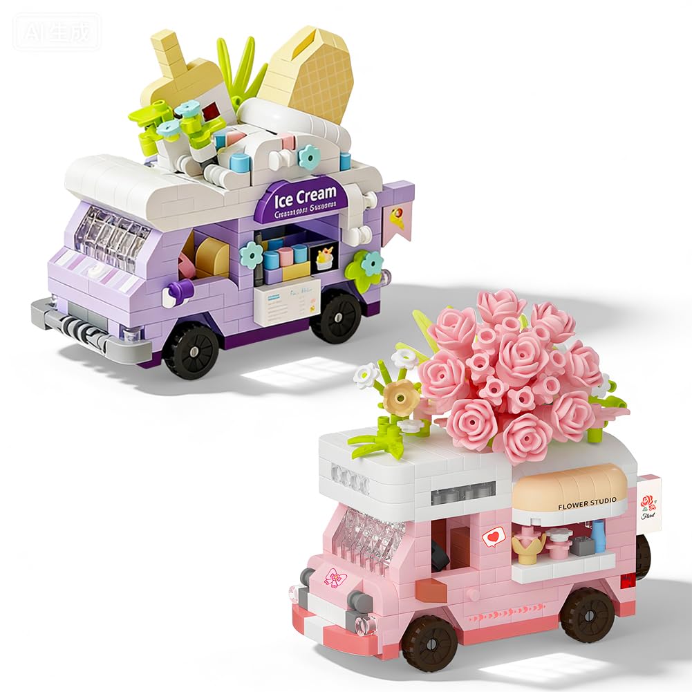 Food Truck Building Blocks Ice Cream Food Truck & Blooming Flower Cart Mobile Flower Stand Building Blocks Cartoon Motor Home Construction Toys Creative Handmade Gift for Birthdays