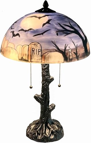 Bieye L10973 Murciélagos volando sobre el cementerio en la noche de luna llena Lámpara de mesa de vidrio pintada a mano para decoración de Helloween