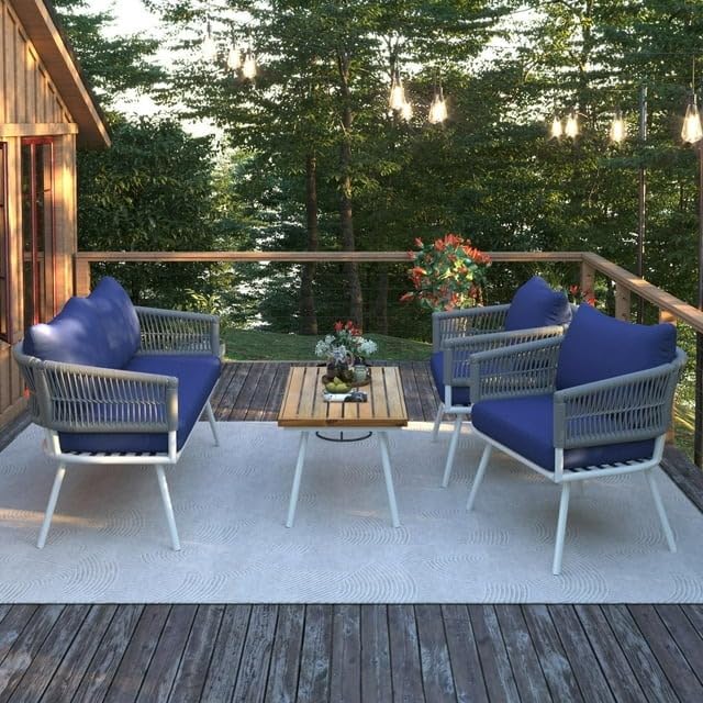 Image of 4 Outdoor Sofa Garden Balcony Sofa Patio Conversation Sofa Set with Coffee Table Wood Top for Living Room Lown Pool Rope Outdoor Chair Set-with-Wood-Table-for-Backyard(Nevy Blue)