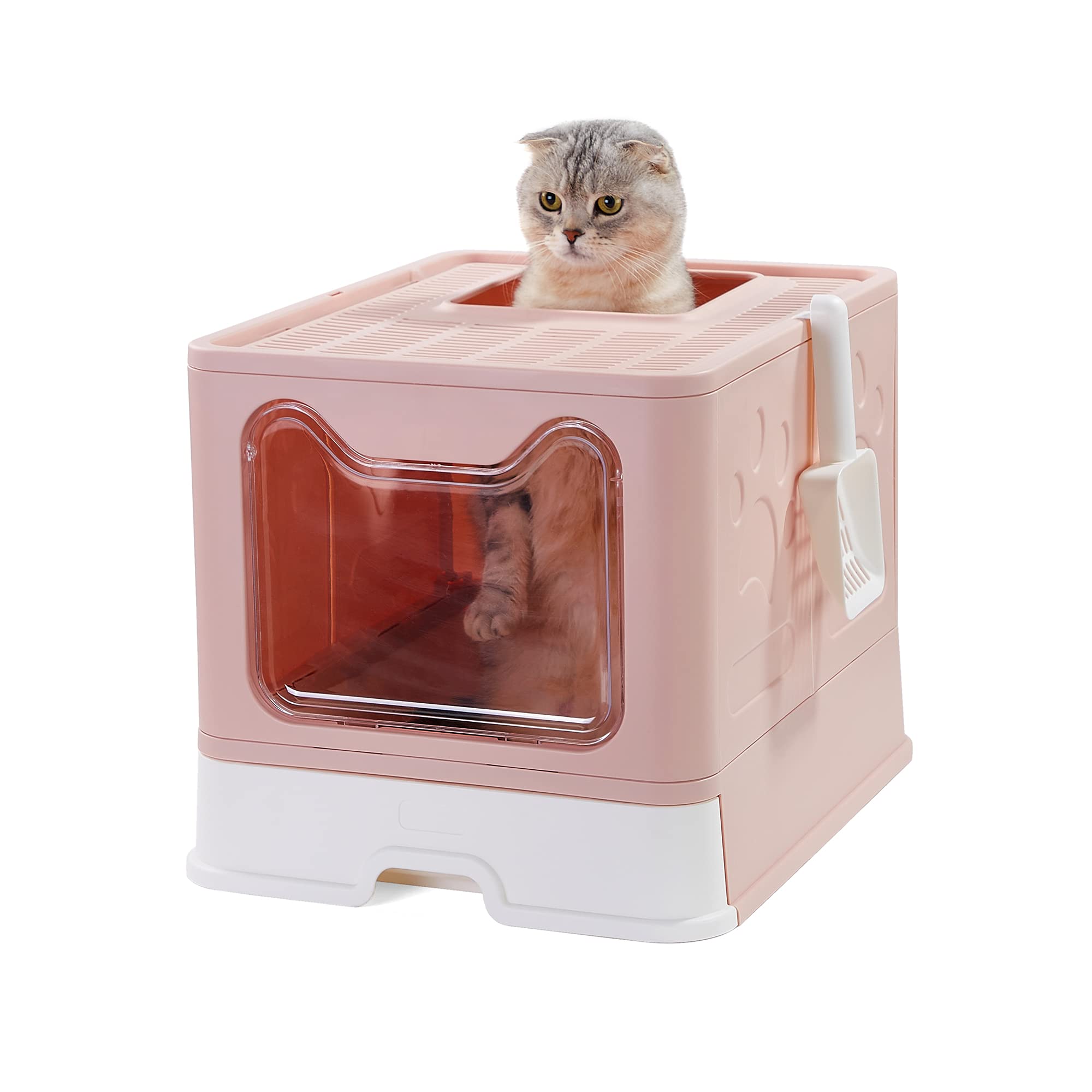 Suhaco Foldable Cat Litter Box with Lid, Large Top Entry Anti-Splashing Litter Box with Cat Litter Scoop, Enclosed Plastic Kitty Litter Box with Drawer Type Easy Clean Cat Litter Pan (New Pink)