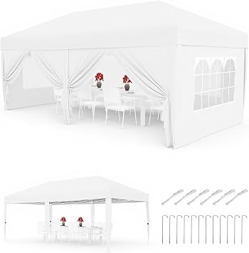Pop Up Gazebo with 6 Sidewalls, 3m x 6m Marquee Party Tent with 4 Weight Bags, 8 Stakes & 6 Guy Ropes & Roller Bag, Weather-Resistant, Waterproof Canopy for Outdoor Events, Parties, Markets White