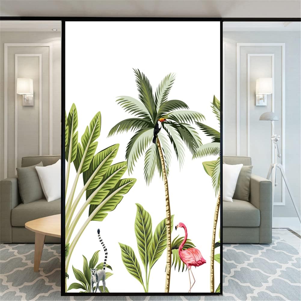 Window Film Privacy Window Film No-Glue Coconut Palm Pattern Decorative Glass Covering Static Cling Frosted Window Stickers for Home Decor Decorative Window Film(80x180cm)