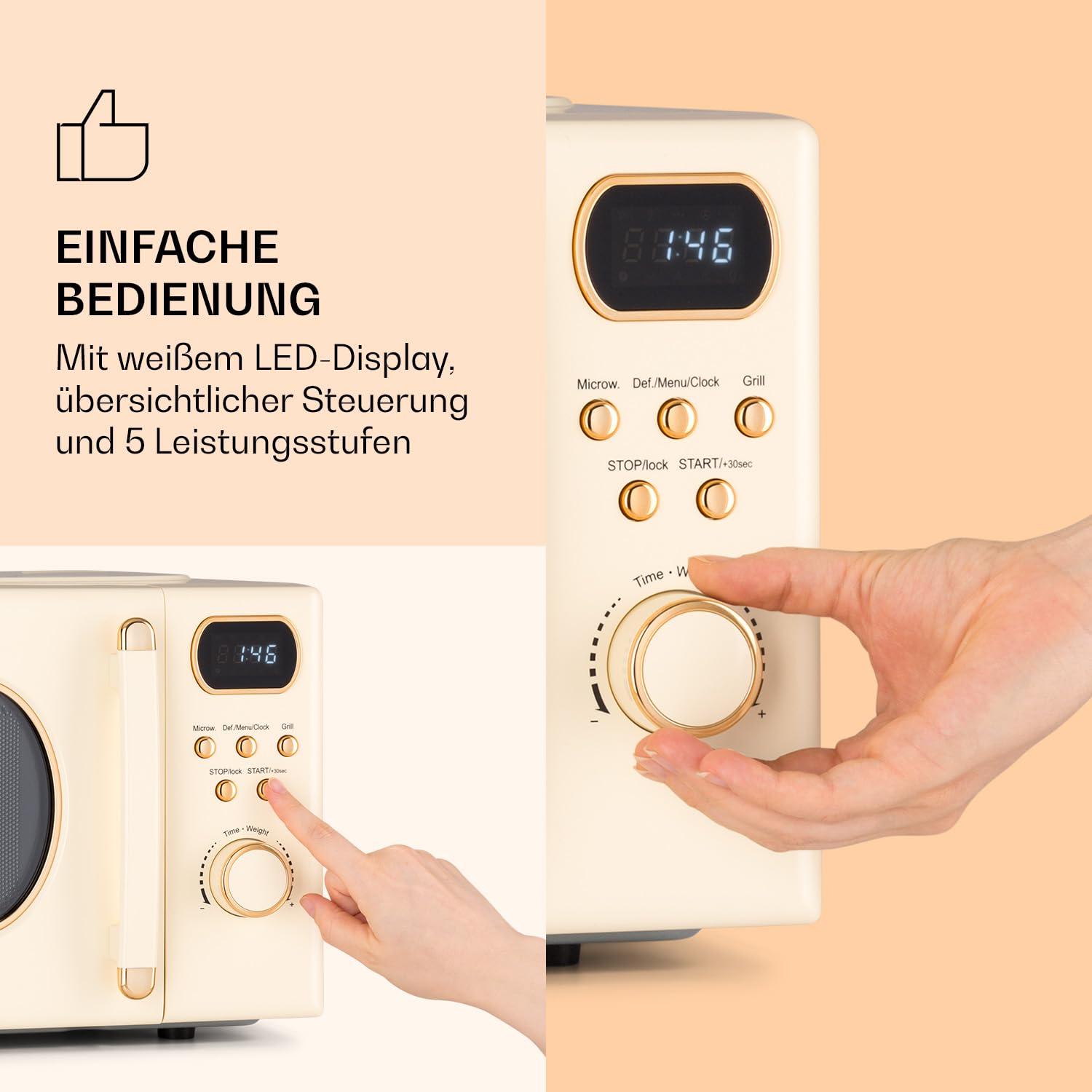 Klarstein Mikrowelle mit Grill, 800 Watt Mikrowelle Klein, 3-in-1Edelstahl-Mikrowelle Creme, Kleine 20 Liter Mikrowelle mit Auftau- und Pizzafunktion, Drehteller, Platzsparend, Einfach zu Bedienen