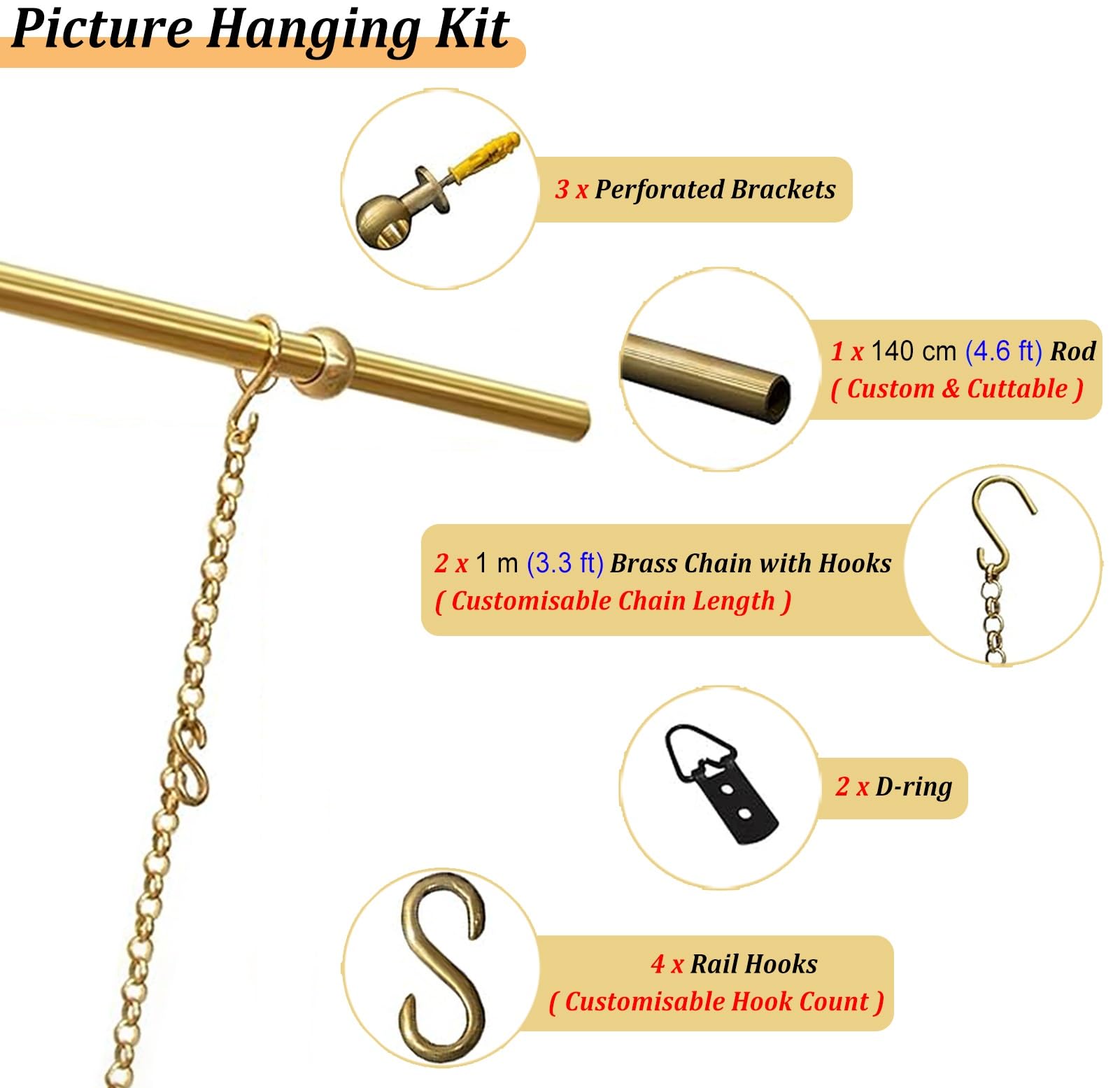 Kit para colgar cuadros con cadenas y ganchos, sistema de riel ajustable para pared de galería, ganchos flexibles para una fácil visualización del marco, adecuado para decoración del hogar