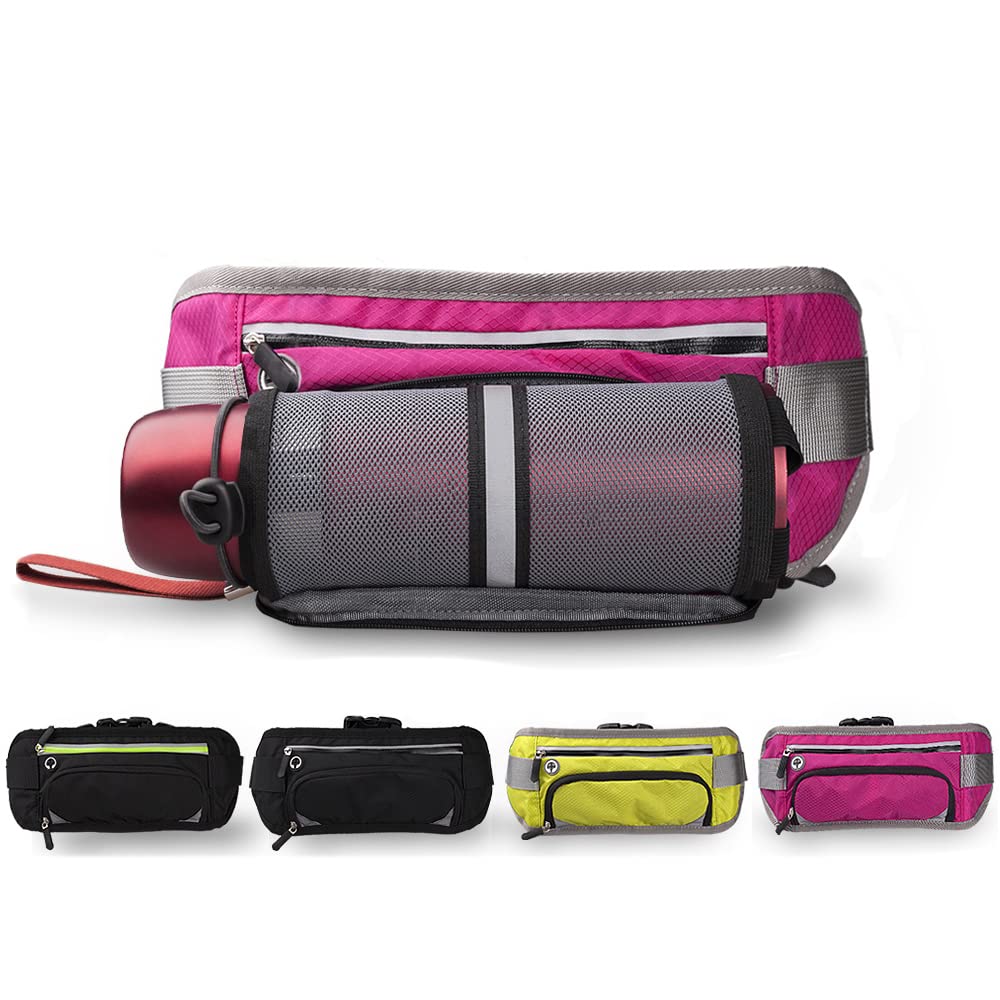 Running Waist Bag with Water Bottle Holder, Fanny Packs with Adjustable Running Belt, Reflective Running Gear for Cycling, Walking, Hiking, Can Hold 7’’ Phones Fit for iPhone8 Plus (Rose Red)