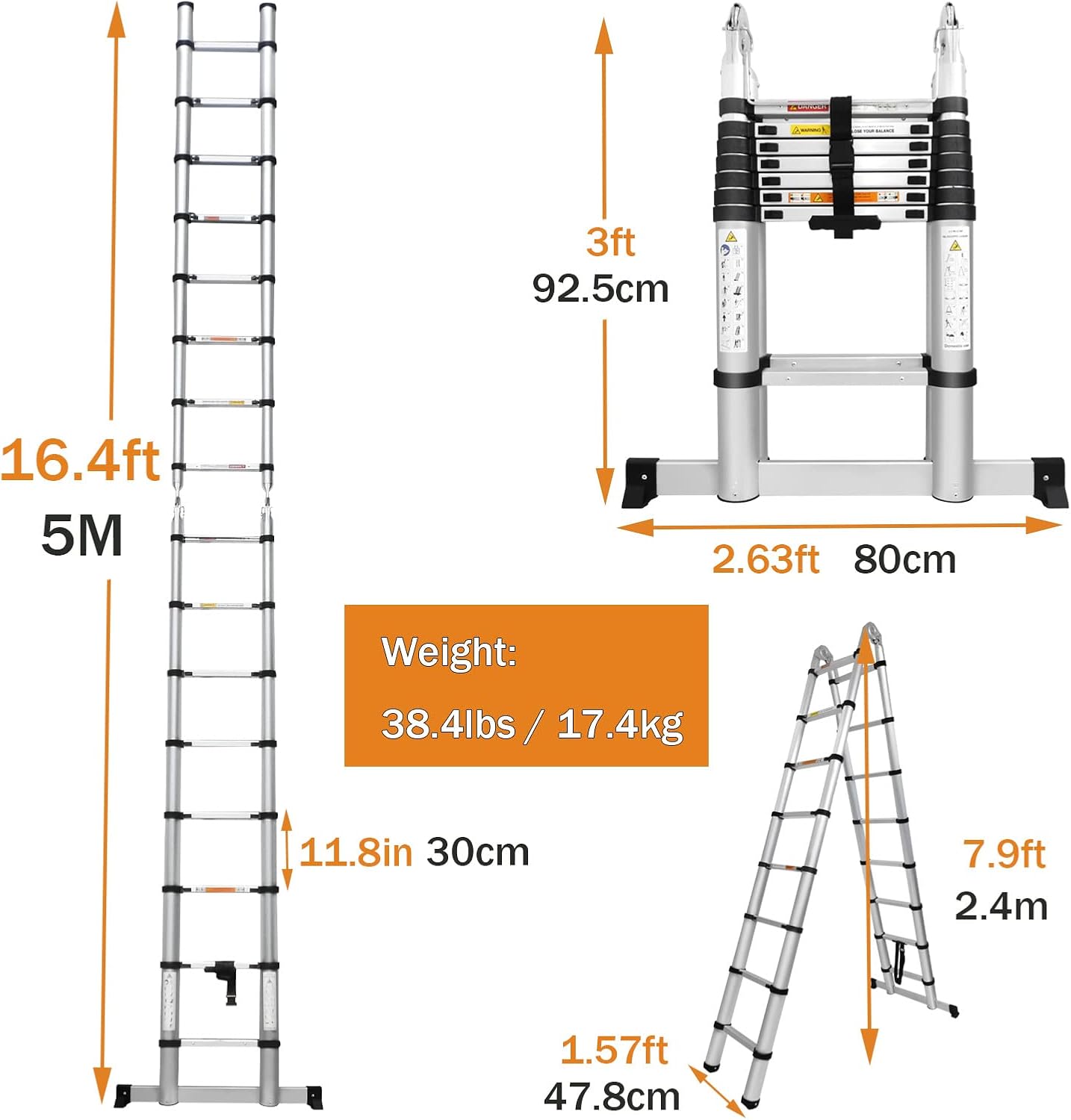 16.5FT Aluminum Telescoping Extension Ladder 330lbs Max Capacity A-Frame Lightweight Portable Multi-Purpose Folding with Support Bar Anti-Slip EN131 Certificated - 