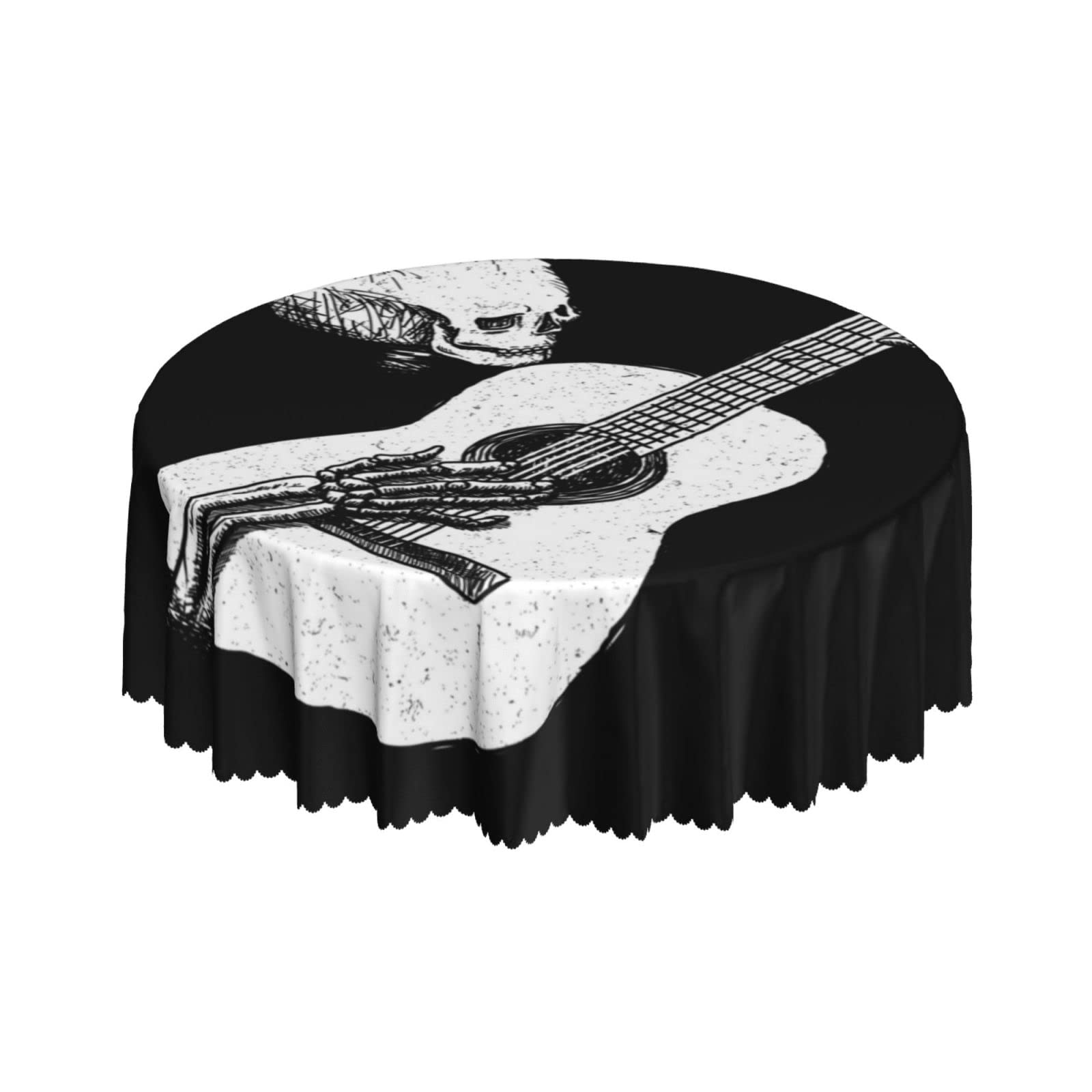 Lsjuee Skull Skeleton Guitar Dark Round Tablecloth 60 Inch Printed Washable Tablecloth for Dining Party Holiday Fall Home Decorative