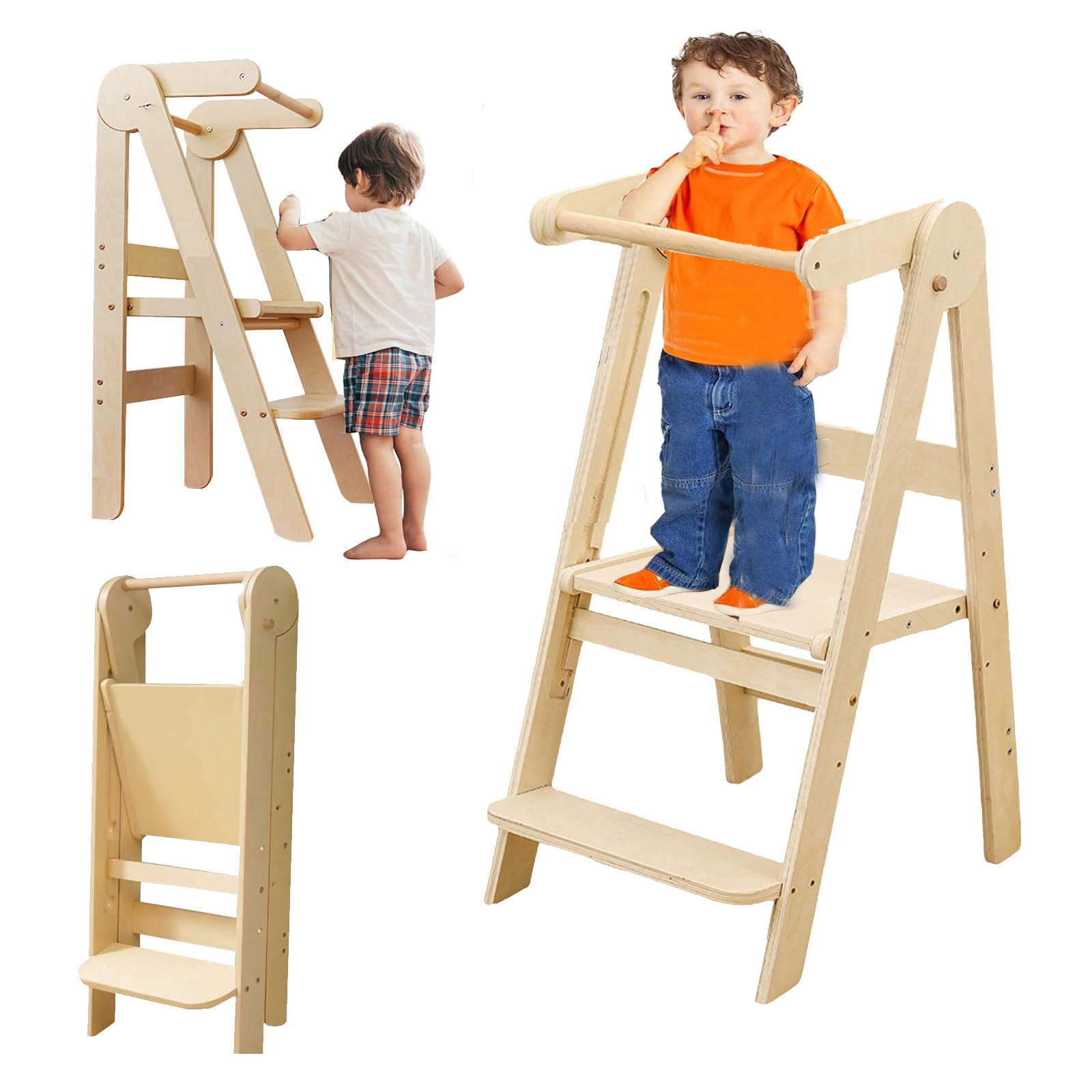 Montessori Toddler Wooden Learning Tower Adjustable Learning Step Stool, Foldable with Safety Guard Rail for Sink Counter, Standing Tower (Natural)