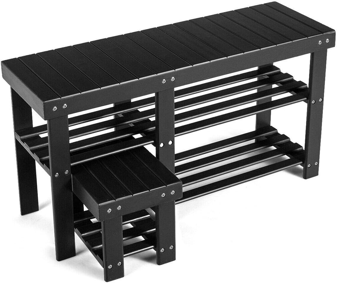Bamboo Shoe Rack Bench with Stool 3 Tier Storage Organizer
