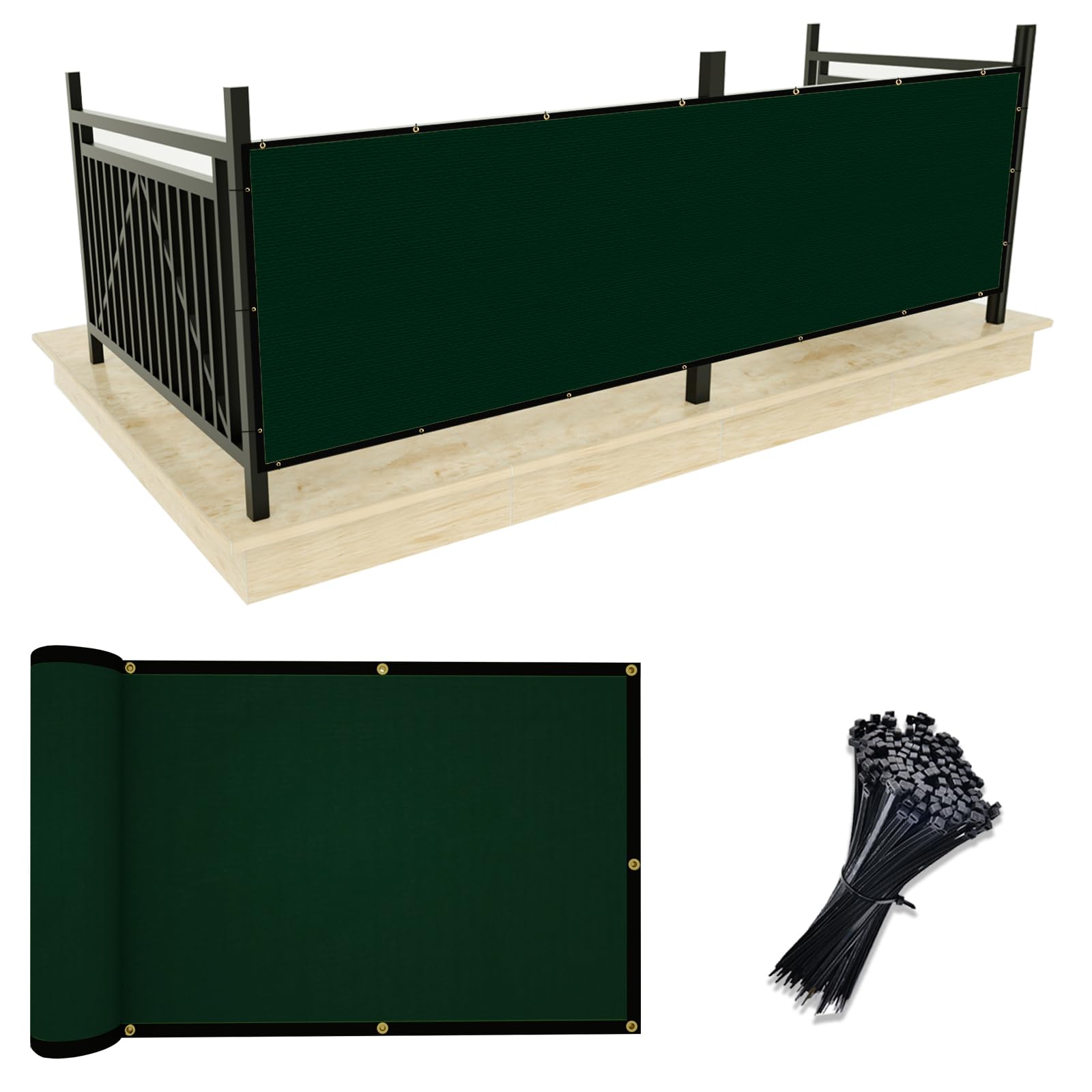 UPGRADE Balcony Privacy Screen Fence Commercial Shade Cover 3' x 16' with Ties Durable and UV Resistant Perfect for Deck Patios-Dark Green, Customizable