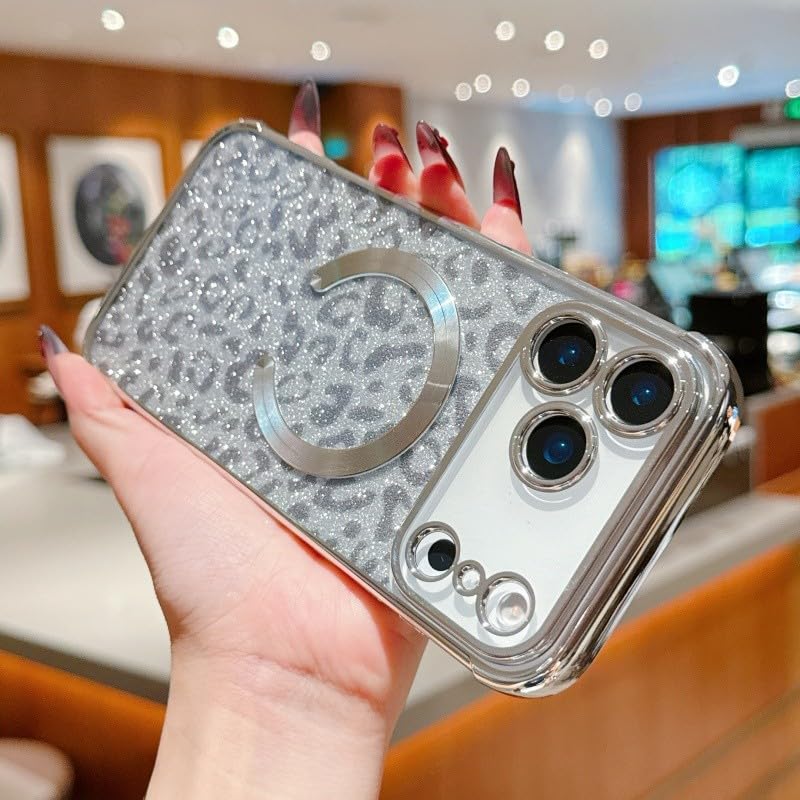 Coque magnétique iPhone 15 Plus argent pailleté anti-jaunissement et rigide