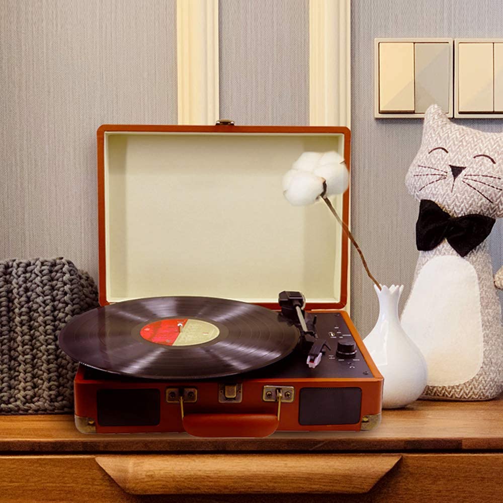 Turntable Record Player 3 Geschwindigkeiten mit integriertem USB-MP3-Wiedergabel/Bluetooth/FM Radio/CD & Kassette Player/Vinyl LP Records/SD Card Reader Recorder kxtmm
