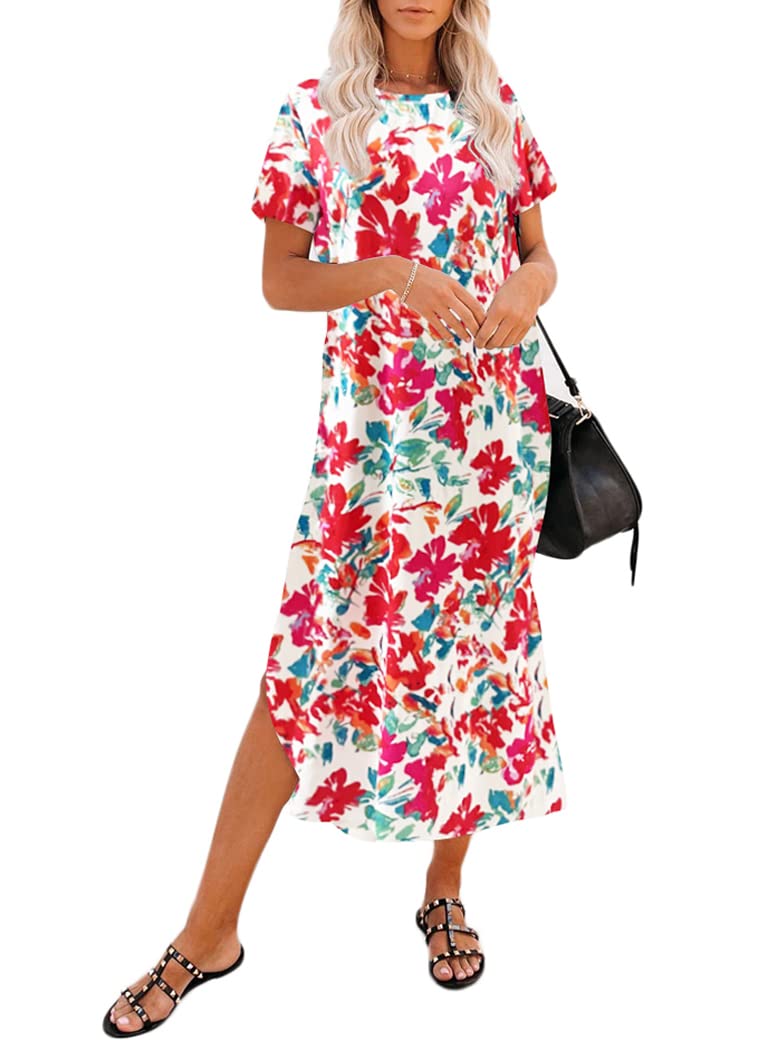 Naggoo Womens Short Sleeve Split Maxi Dress Casual Plain Tie Dye Print Tshirt Long Dresses with Pockets