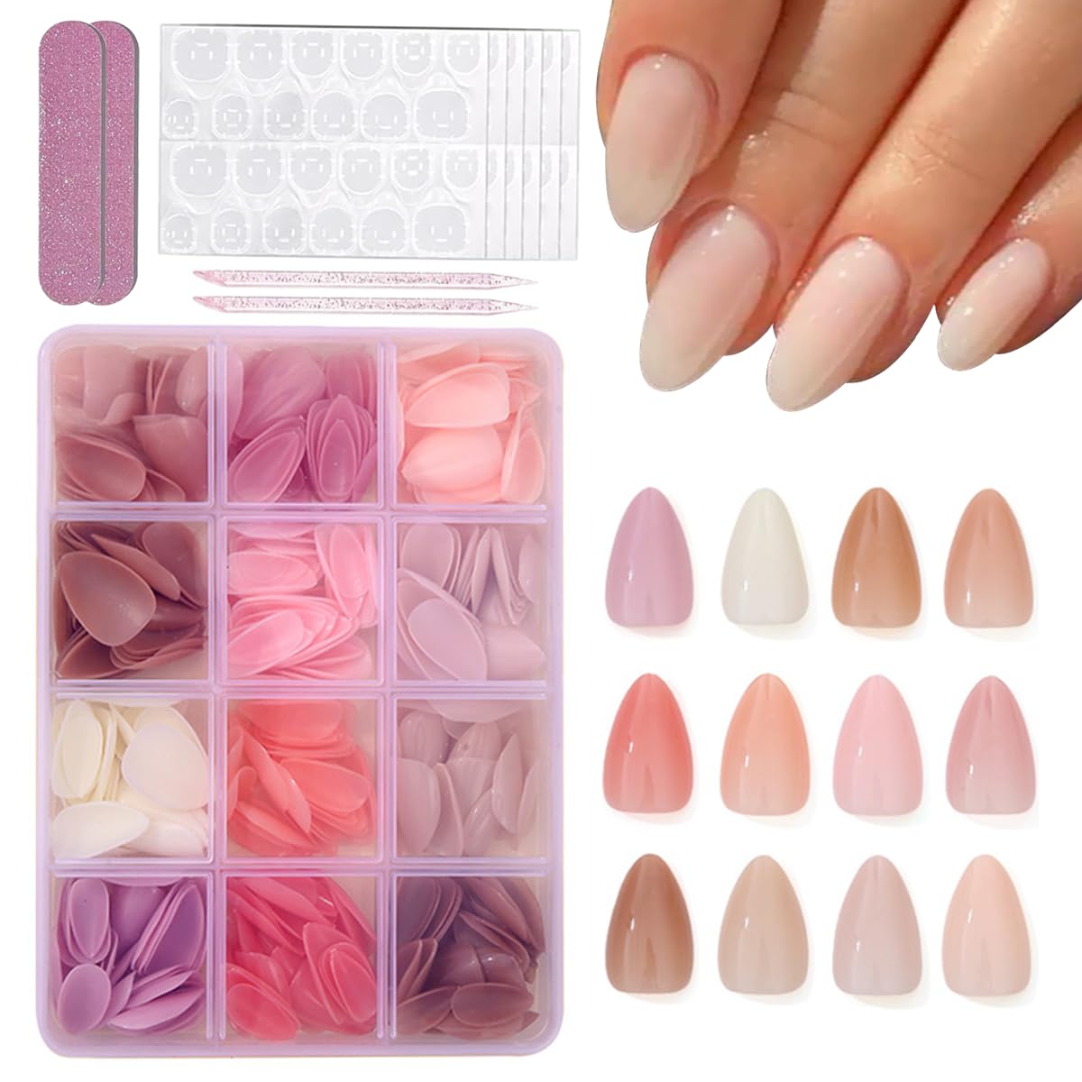 360Pcs Almond Press On Nails Short Fake Nails Solid Color False Nail Press Ons Set Full Color Acrylic Glue on Nails Reusable Glossy Artificial Nail