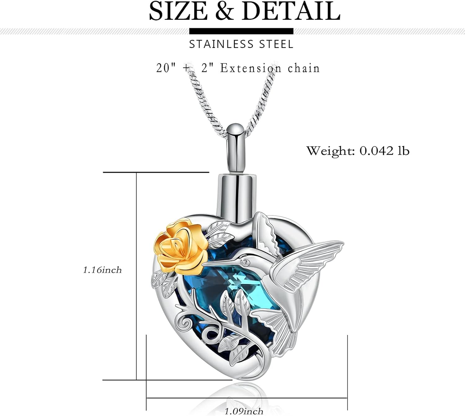 Yinplsmemory Hummingbird Cremation Jewelry Crystal Heart Urn Ashes Necklace for Women Men Memorial Keepsake Necklace of Loved One - Image 2