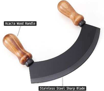 6.8 Inch Stainless Steel Mezzaluna Knife - Salad Chopper Rocker Pizza Cutter Rocker Knife Curved Blade Sharp Blade Double Acacia Wood Handle Fruit Vegetable Mincing (6.8 Inch Black)