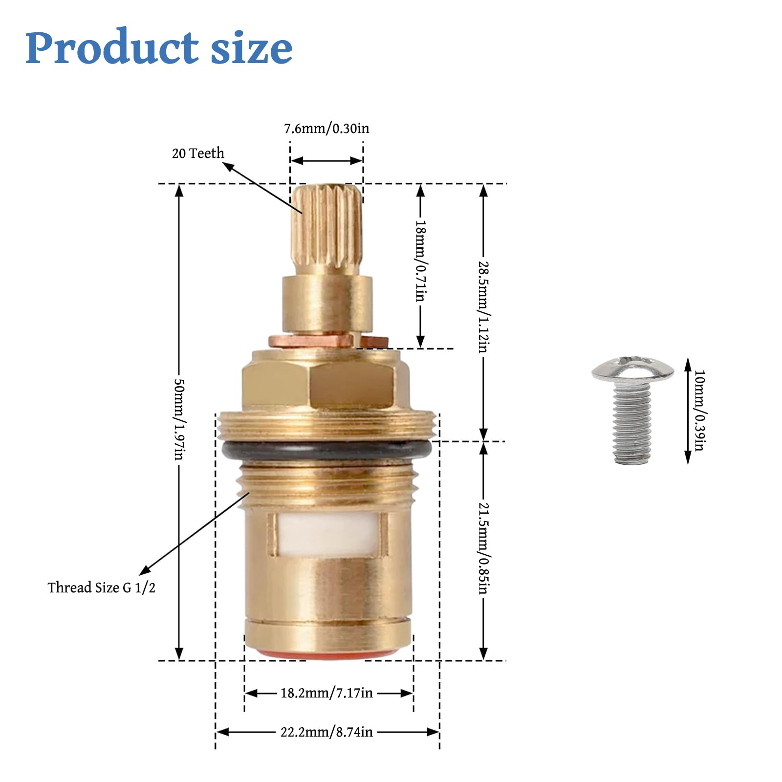 2 Pieces Universal Mixer Tap Cartridge for Bathroom Kitchen 1/4 Turn 20 Spline Replacement Ceramic Tap Cartridges Tap Valve Solid Brass Ceramic (1 Pair Hot & Cold) - Image 2