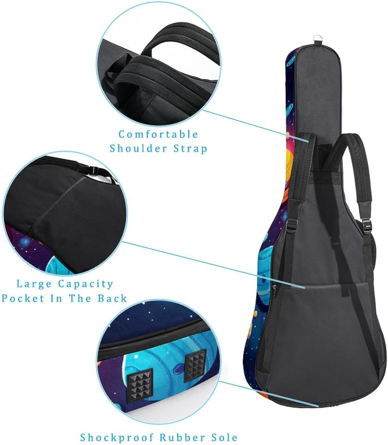 40 41 42 Inch Acoustic Guitar Bag, 0.4 In Thick Sponge Padded Guitar Case Gig Bag with Back Hanger Loop and 2 Pockets, Colorful Planets Solar System Space with Stars Pattern