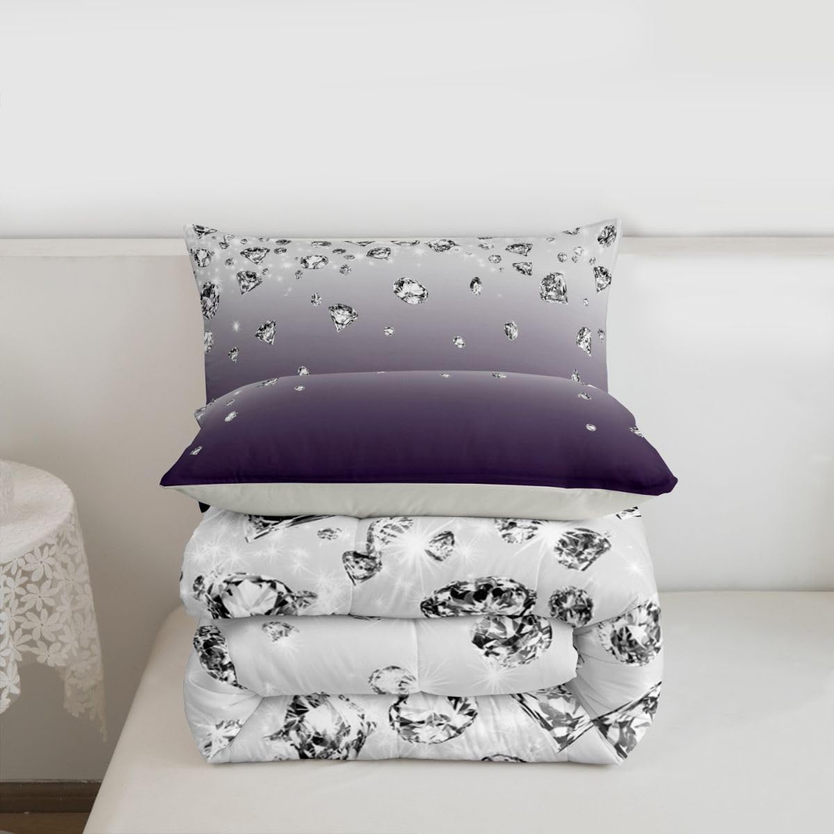 Erosebridal Purple Gradient Color Comforter Set Purple Ombre Bedding Set Twin Size Modern Abstract Duvet Insert for Adult Women Girls Gradient Diamond Quilt Soft Warm Lightweight Luxury Bedding
