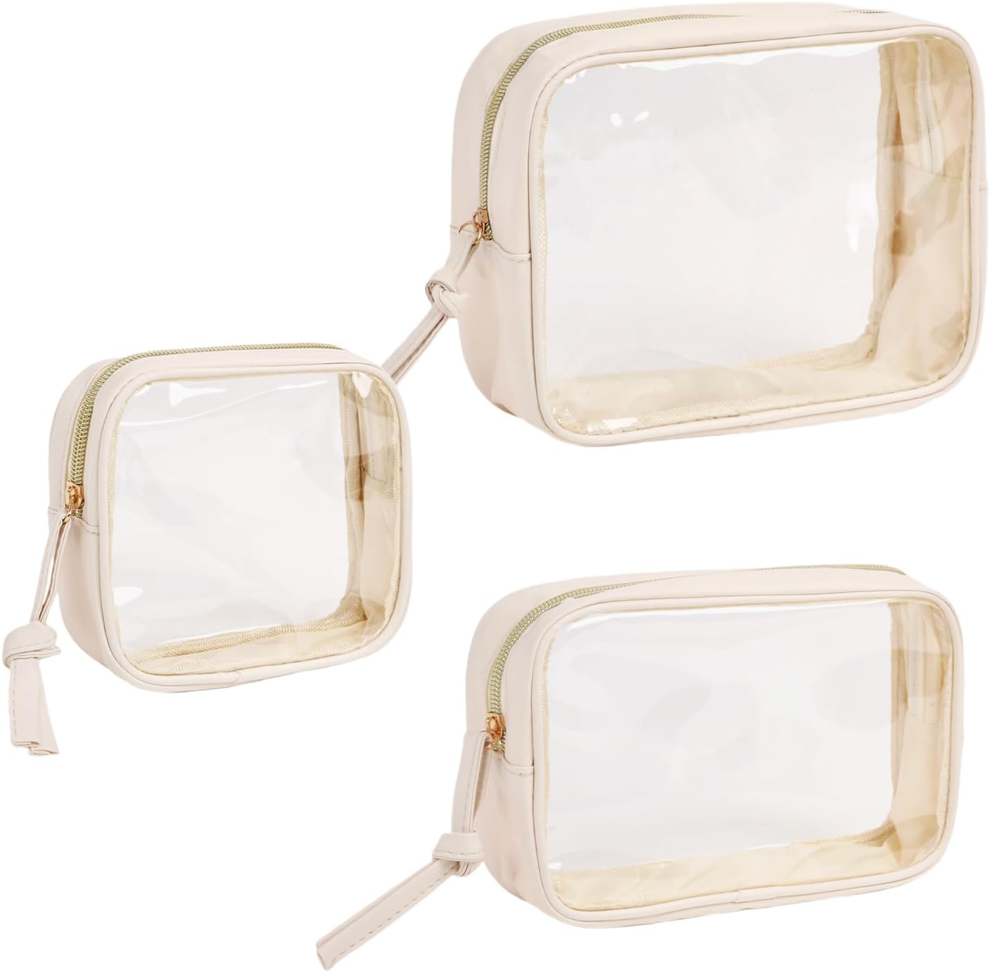 3-Piece Travel Makeup Bag Clear Waterproof Toiletry Bag Set Large, Medium Small Sizes Travel Toiletry Organizer Pouch Cosmetic Storage for Bathroom (Beige)
