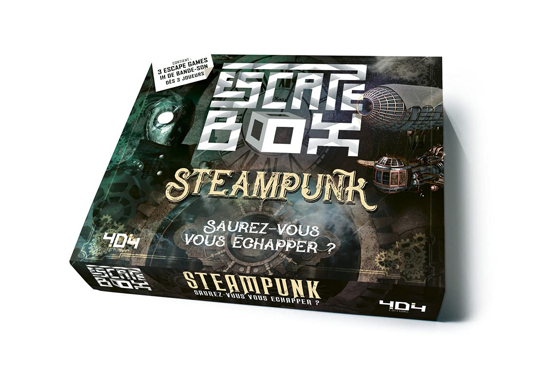 Escape Box Steampunk - Escape game adulte de 3 à 6 joueurs - Dès 14 ans et adulte: Avec 3 livrets, 131 cartes, 1 bande-son de 60 minutes, 1 poster, 6 badges
