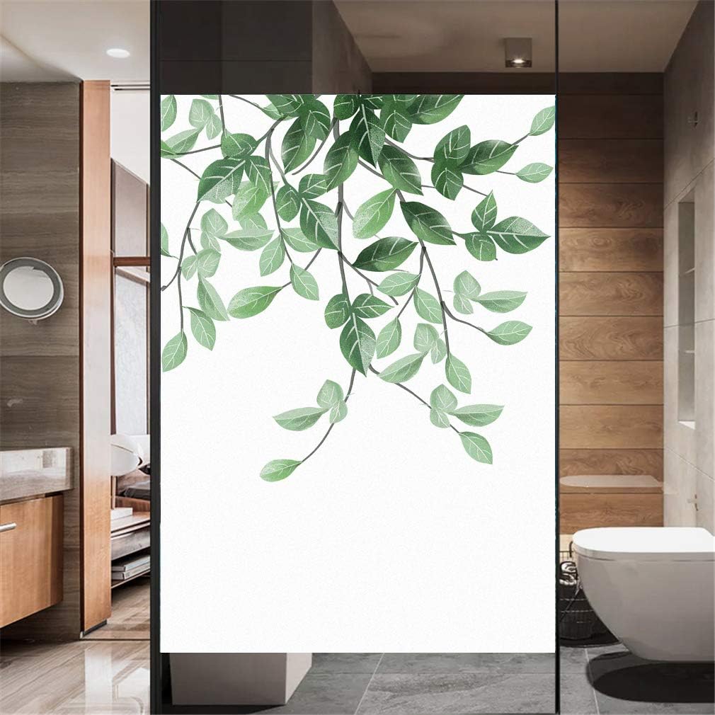 Window Film Privacy Glass Film Non-Adhesive Frosted Static Cling Home Office Green Plants Decorative Stickers Glass Door Coverings 69x180cm(27"x70.9")