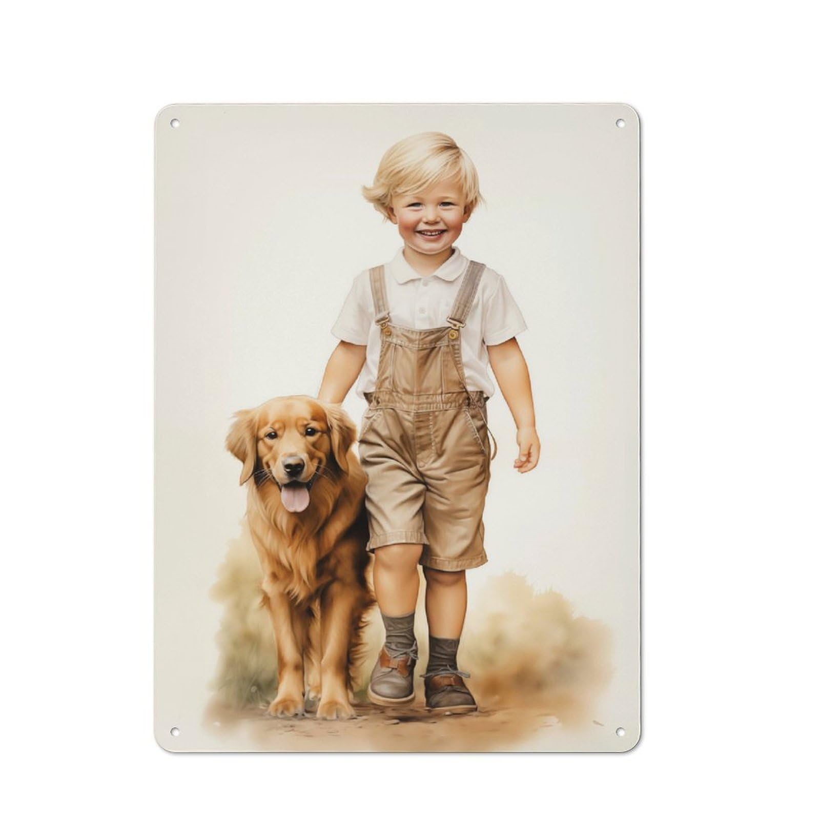 Kid And Golden Retriever Understated Metal Wall Decor 40x30cm, Office Metal Sign for Office, Study, Studio Or Hallway