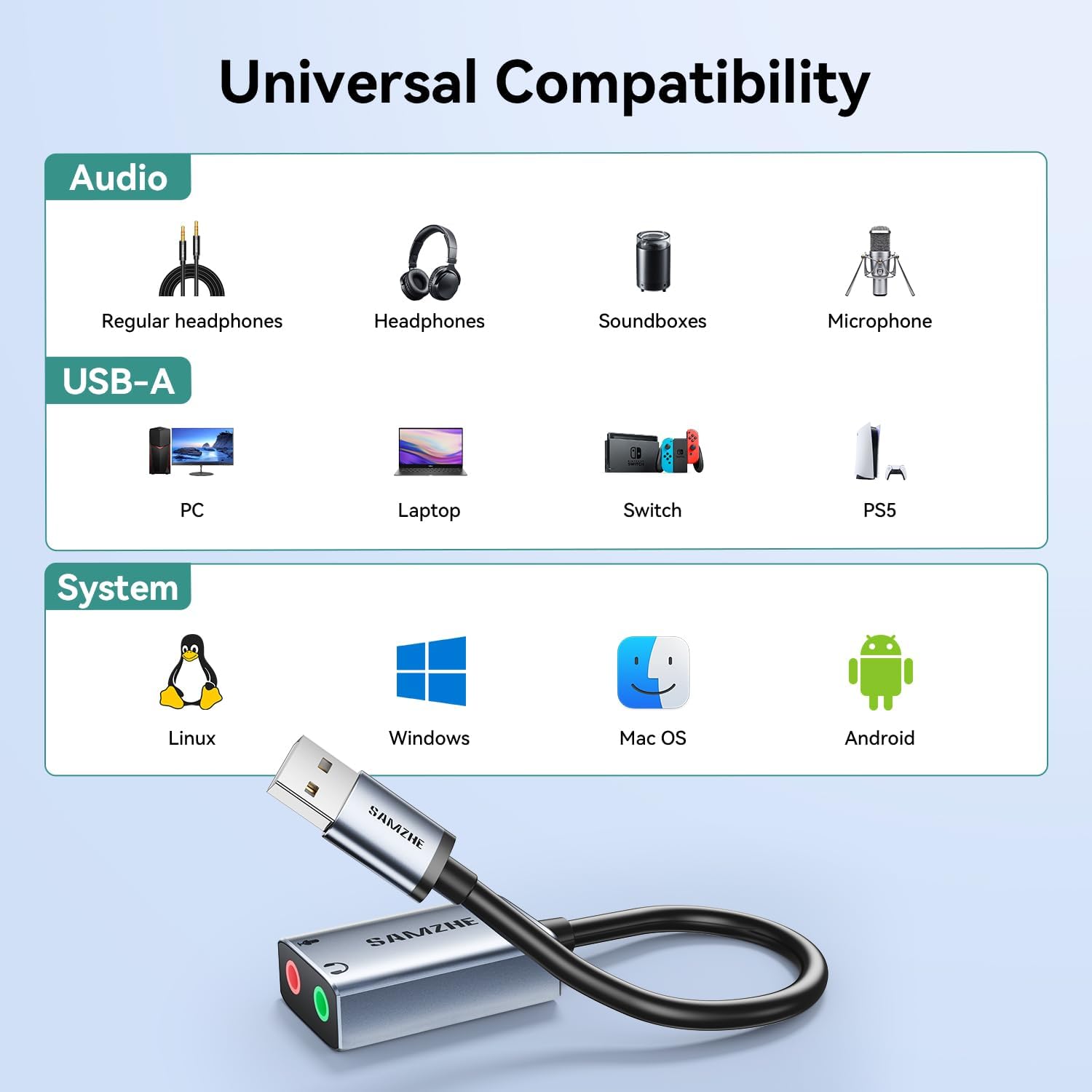 SAMZHE USB to Audio Jack Sound Card Adapter with Dual TRS 3-Pole 3.5mm Headphone and Microphone USB to Aux 3.5mm External Audio Converter for Windows, Mac, Linux PCs, Laptops, Desktops, PS5, Switch 2