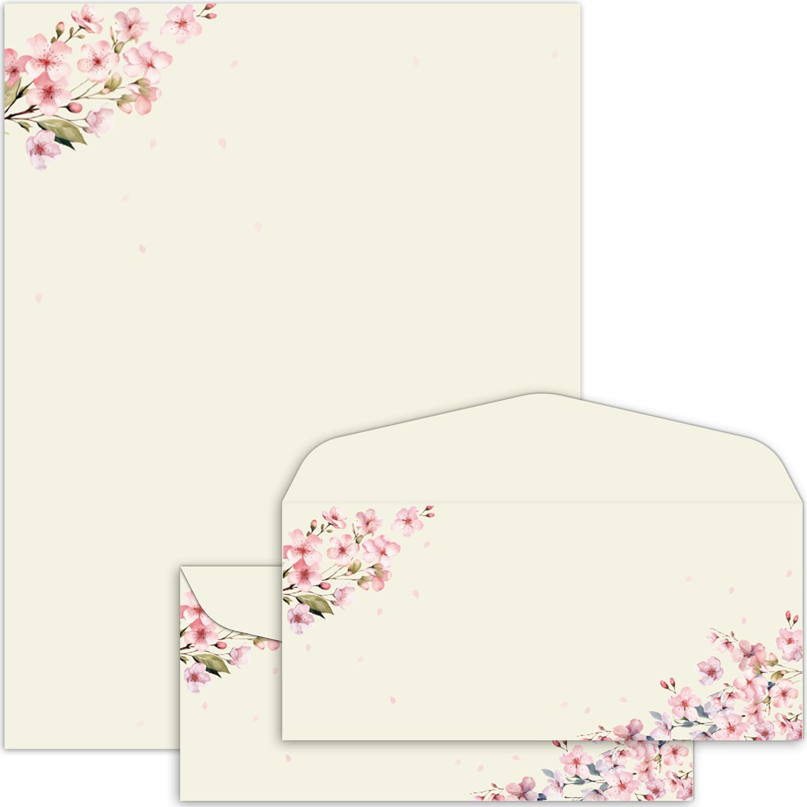 50 membretes de flores de cerezo con sobres, flores de cerezo, papel de computadora, papel de papelería floral rosa para notas a invitaciones de boda, suministros de impresión de oficina, escuela, 8.5