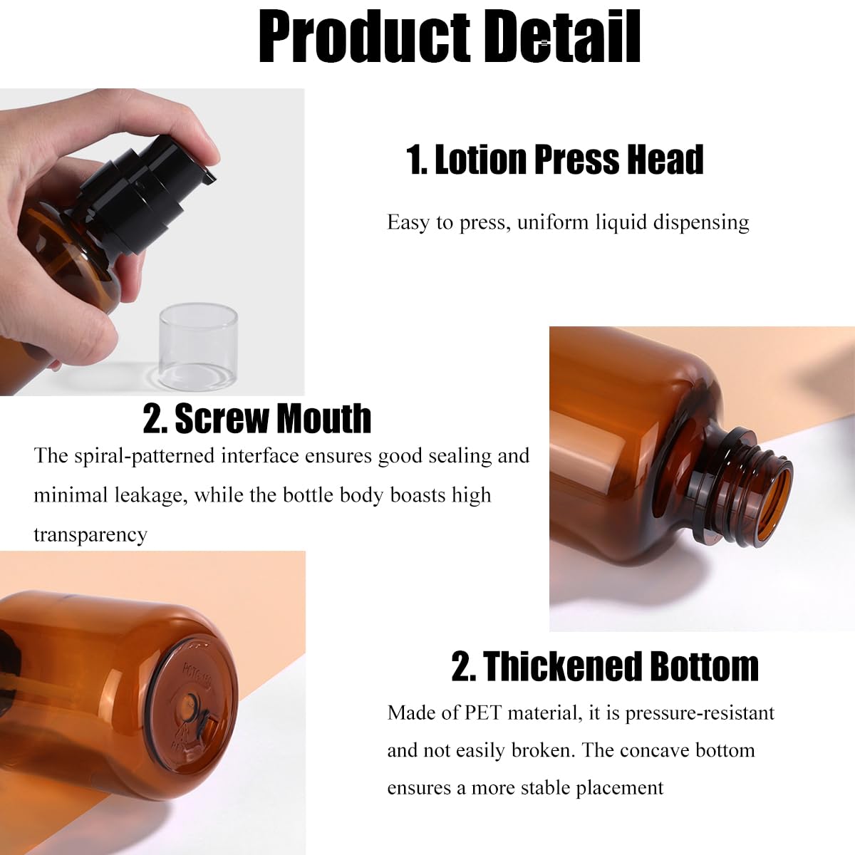VASANA 3Pcs 60ml/2oz Amber Plastic Lotion Pump Bottles with Black Press Top Empty Refillable Makeup Cosmetic Dispenser Sample Vials Container for Essential Oil Emulsion - Image 3