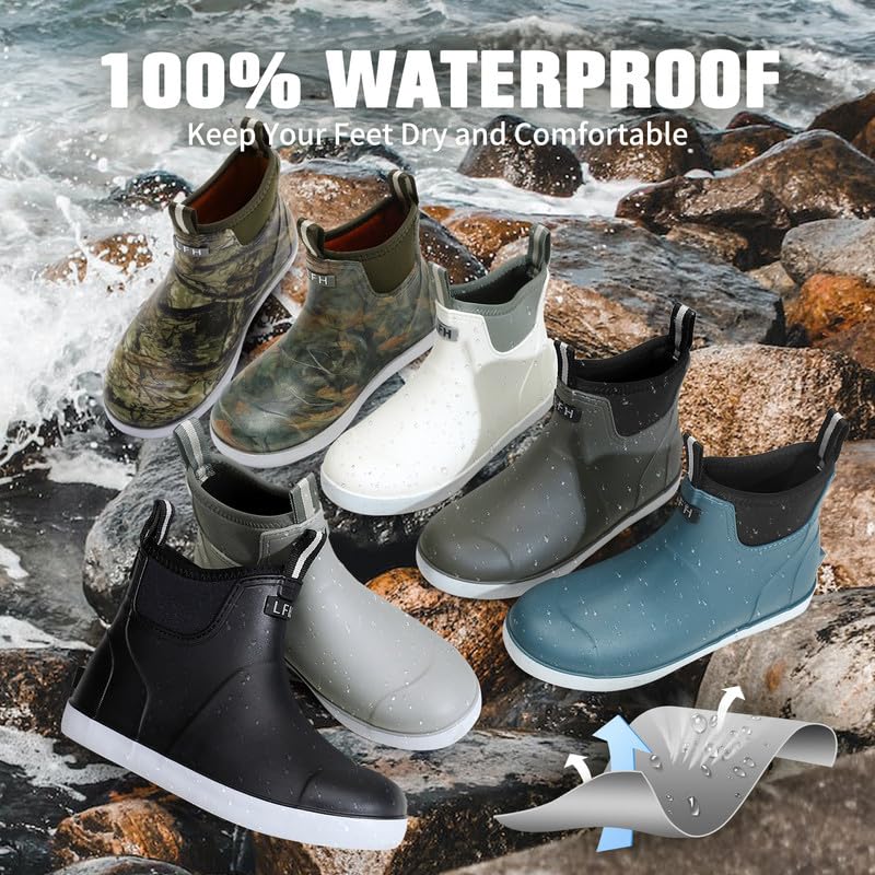 Image of Mens Deck Boots, Saltwater Fishing Booties Rubber Waterproof Ankle Rain Boots, High-performance Footwear Chelsea Boots for Gardening Fishing Boating Camping Sailing