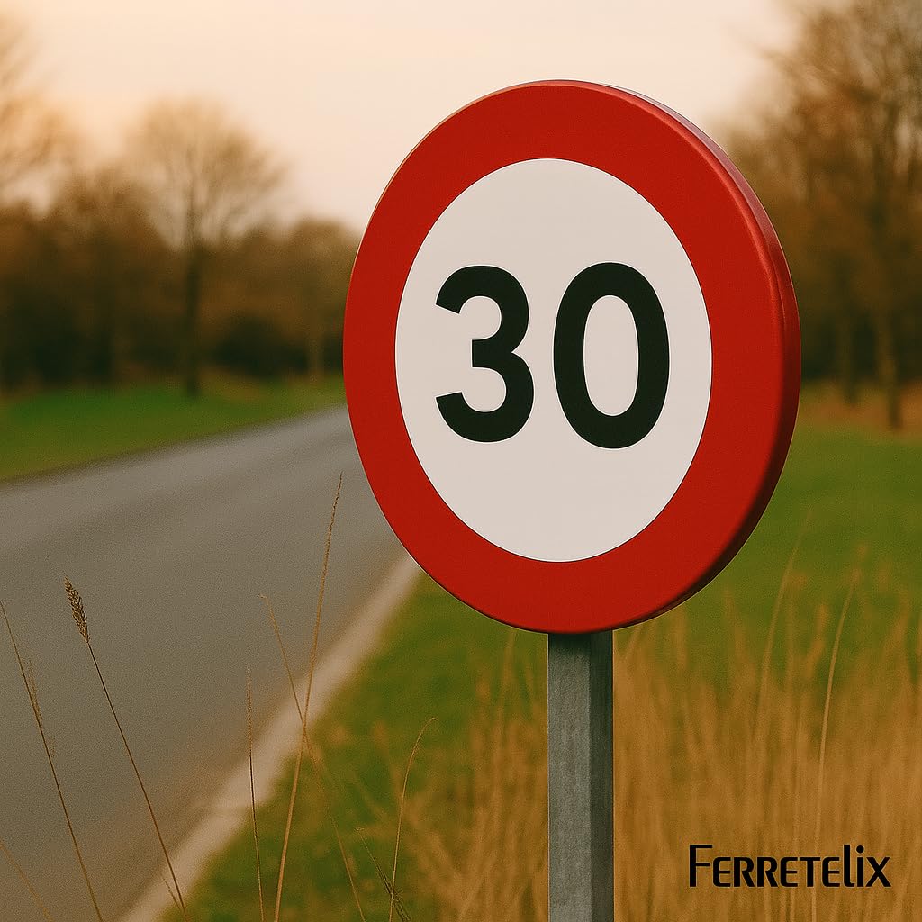 FERRETELIX® Señal de Tráfico Metálica Homologada MOPU R-301 | Velocidad Máxima 30 km/h | 60 cm | Reflectante N1 | Señal Vial Redonda de Chapa Galvanizada para Exterior
