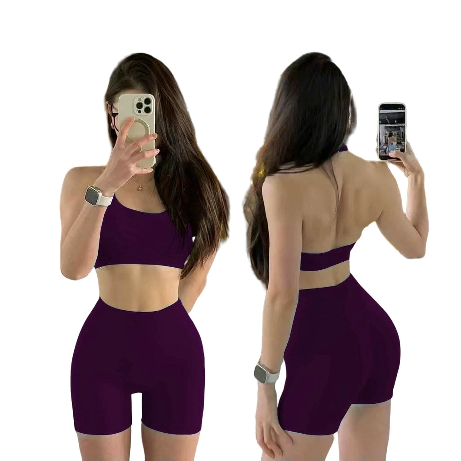 WANGQIQI Legginsy dla kobiet UK 2 sztuki bezszwowe ubrania do jogi bez pleców damskie sportowe szorty biustonosz piękny tył top spodnie do biegania fitness rozciągliwe rajstopy zestaw-7-l