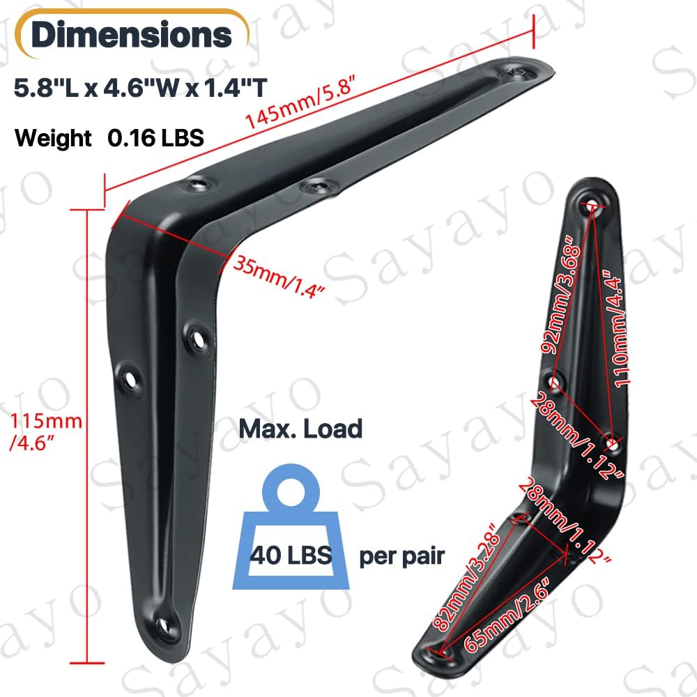 SAYAYO Heavy Duty Floating Shelf Bracket 6 Inch x 5 Inch, Wall Shelf Brackets & Supports Black L Bracket, Angle Bracket Corner Brace for Wood, 4Pcs