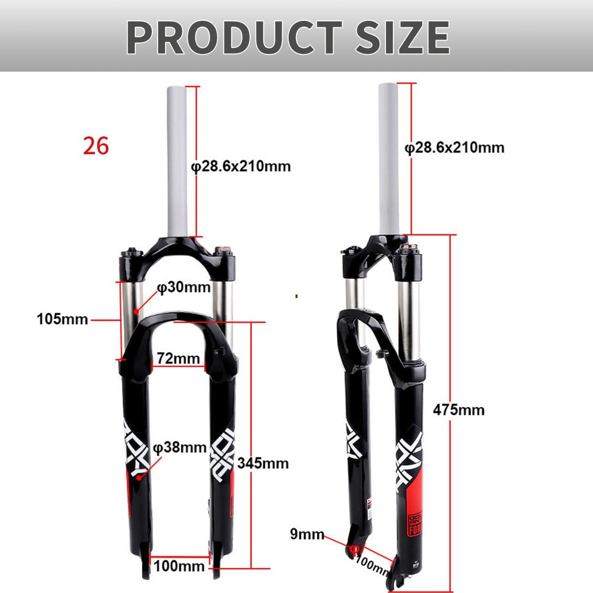 Ultralekki widelec amortyzowany ze stopu aluminium, 26"/27,5"/29", prosty ugięcie sprężyny z przodu, 105 mm, ręczny Lockout 9 mm