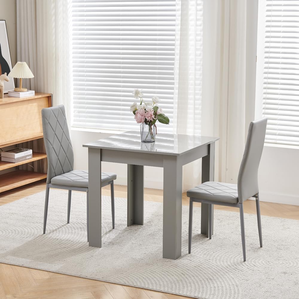 Pantanal Modern Grey Square Dining Table and Pu Leather Chairs Set of 2 for Small Space, 3pcs Wood Kitchen Table with 2 Seater Chairs