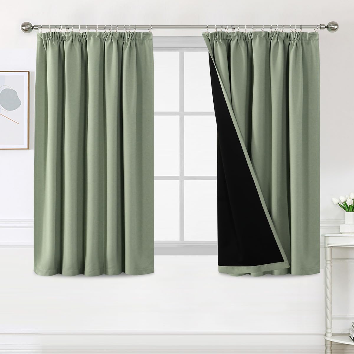 H.Versailtex 100% Blackout Curtains for Bedroom, Pencil Pleat Black Out Living Room Curtains Super Soft Thermal Insulated Curtain Pair Panel with Tiebacks, W66x L54 Inch, 2 Panels, Light Sage — image 1