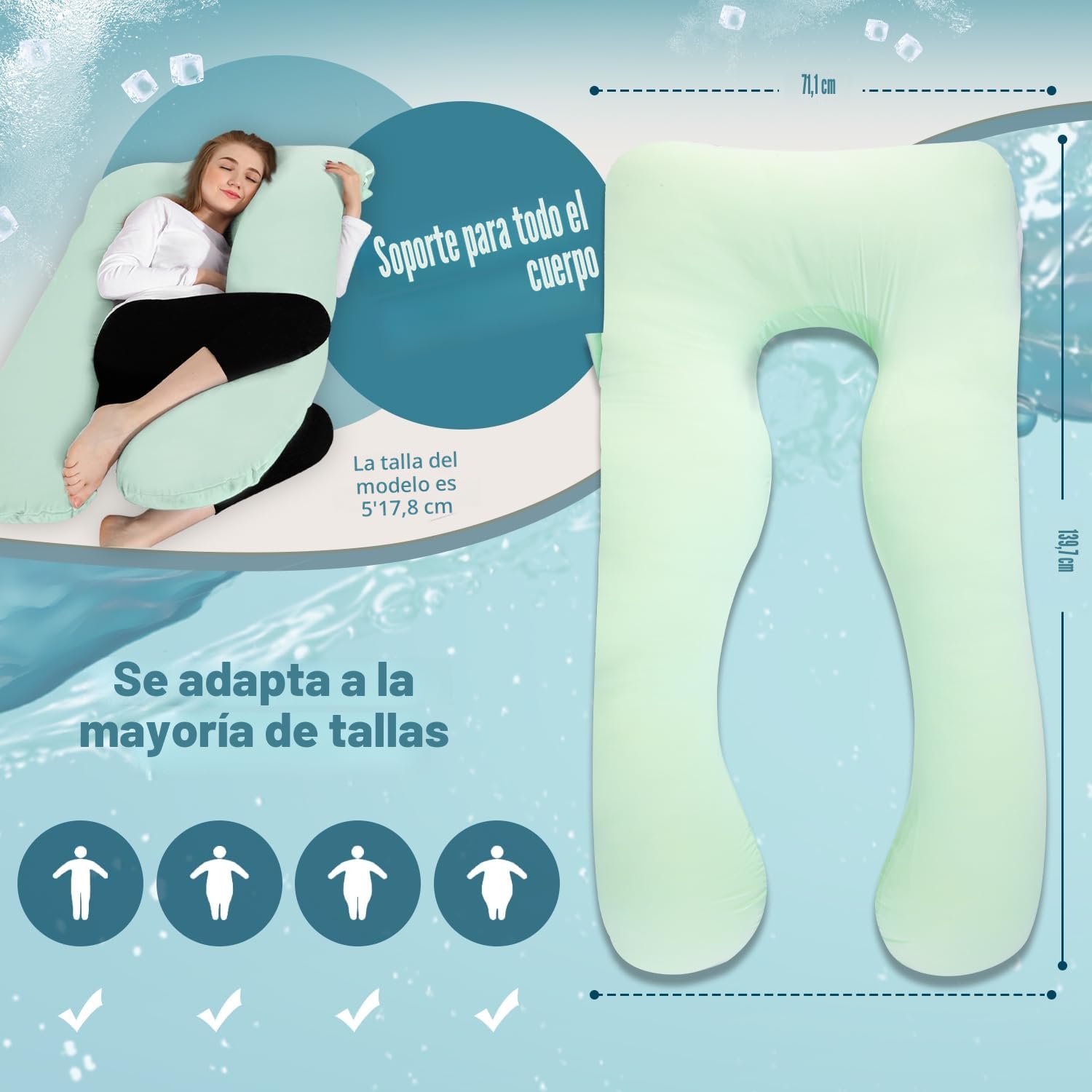 Chilling Home Cooling Almohada de Embarazo, Almohada para Dormir de Lado en Forma de U con Funda, Almohada de Lactancia Almohada de Posicionamiento Grande para Mujeres,Mint Green