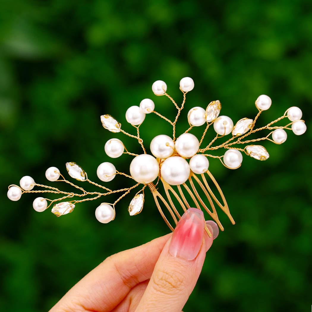 Foyte Peigne à cheveux avec perles et strass - Doré - Accessoire de cheveux pour femme et fille