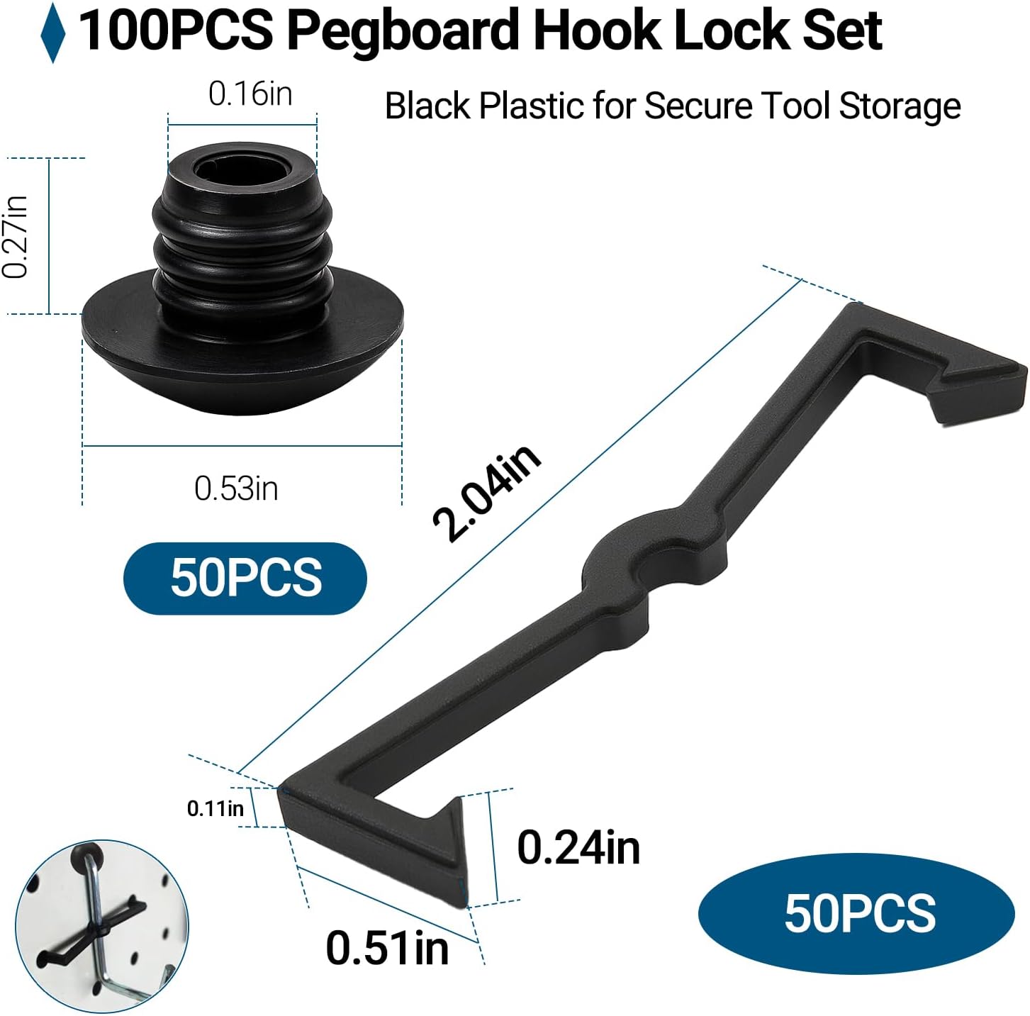 100PCS Pegboard Hook Lock Set – Includes 50 Peg Hook Locks + 50 Pegboard Clip Retainers, Black Plastic Pegboard Accessories for Garage Tool Wall, Display Board, Shop Storage & Organization